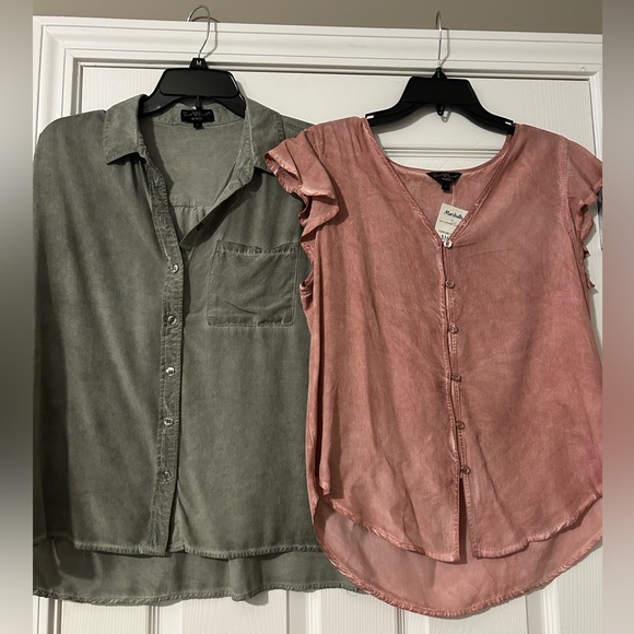 Velvet Tops - Bundle of 2 Green and Pink Button-Up Shirts